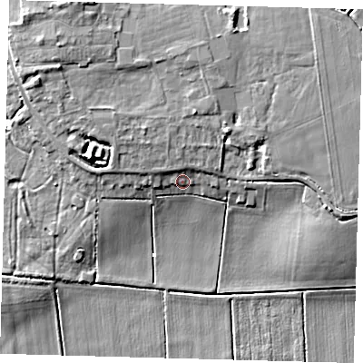 Shaded relief map of the ground around PE261DQ, computed from Environment Agency LiDAR. The ground here sits at about 4 m above sea level and falls 10 m across the surrounding 800 m. Surface water reaching this point runs off ground lying to the north-north-west, 2.5 m higher.