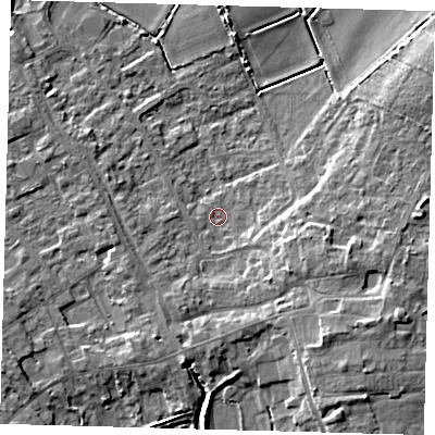 Shaded relief map of the ground around PE261EG, computed from Environment Agency LiDAR. The ground here sits at about 2 m above sea level and falls 9 m across the surrounding 800 m. Surface water reaching this point runs off ground lying to the south-east, 6.8 m higher.