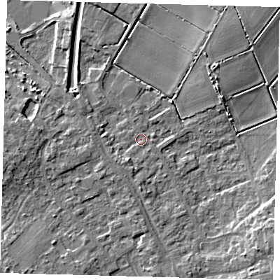 Shaded relief map of the ground around PE261EJ, computed from Environment Agency LiDAR. The ground here sits at about 2 m above sea level and falls 10 m across the surrounding 800 m. Surface water reaching this point runs off ground lying to the south-west, 2.2 m higher.