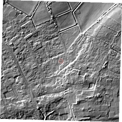 Shaded relief map of the ground around PE261ER, computed from Environment Agency LiDAR. The ground here sits at about 2 m above sea level and falls 9 m across the surrounding 800 m. Surface water reaching this point runs off ground lying to the south-east, 4.7 m higher.