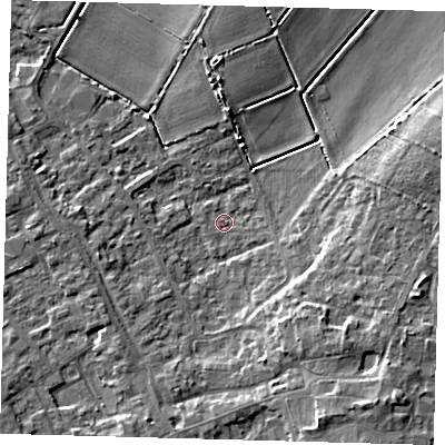 Shaded relief map of the ground around PE261ES, computed from Environment Agency LiDAR. The ground here sits at about 1 m above sea level and falls 9 m across the surrounding 800 m. Surface water reaching this point runs off ground lying to the east-south-east, 1.4 m higher.