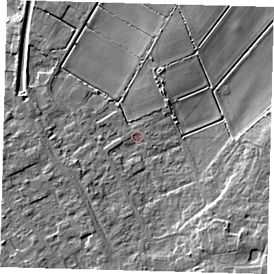 Shaded relief map of the ground around PE261EU, computed from Environment Agency LiDAR. The ground here sits at about 1 m above sea level and falls 8 m across the surrounding 800 m. Surface water reaching this point runs off ground lying to the south-east, 6.1 m higher.
