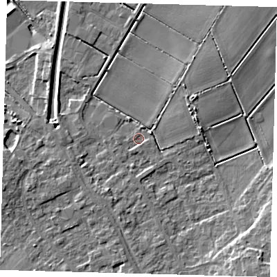 Shaded relief map of the ground around PE261FG, computed from Environment Agency LiDAR. The ground here sits at about 1 m above sea level and falls 8 m across the surrounding 800 m. Surface water reaching this point runs off ground lying to the east-north-east, 4.2 m higher.