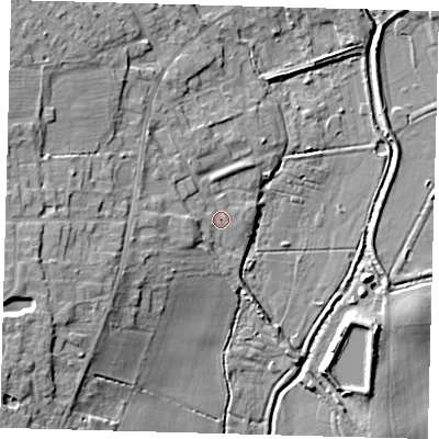 Shaded relief map of the ground around PE261NG, computed from Environment Agency LiDAR. The ground here sits at about 6 m above sea level and falls 16 m across the surrounding 800 m. Surface water reaching this point runs off ground lying to the west, 3.7 m higher.