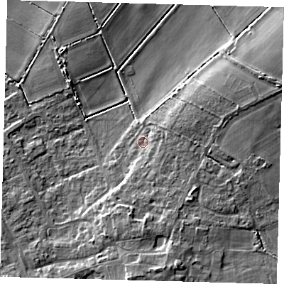 Shaded relief map of the ground around PE261TG, computed from Environment Agency LiDAR. The ground here sits at about 3 m above sea level and falls 9 m across the surrounding 800 m. Surface water reaching this point runs off ground lying to the south-south-east, 4.7 m higher.