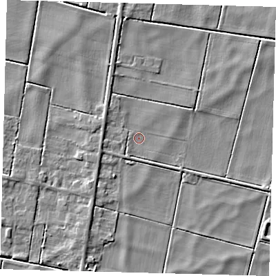 Shaded relief map of the ground around PE262AD, computed from Environment Agency LiDAR. The ground here sits at about -1 m above sea level and falls 4 m across the surrounding 800 m. Surface water reaching this point runs off ground lying to the west-south-west, 0.6 m higher.