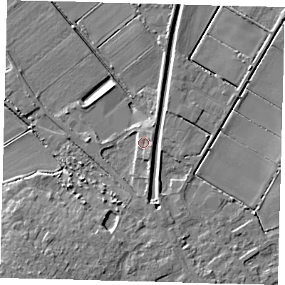 Shaded relief map of the ground around PE262AE, computed from Environment Agency LiDAR. The ground here sits at about 2 m above sea level and falls 11 m across the surrounding 800 m. Surface water reaching this point runs off ground lying to the east-south-east, 3.2 m higher.