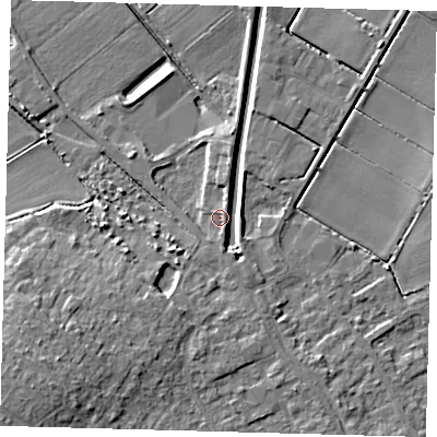 Shaded relief map of the ground around PE262AF, computed from Environment Agency LiDAR. The ground here sits at about 2 m above sea level and falls 12 m across the surrounding 800 m. Surface water reaching this point runs off ground lying to the south-south-east, 3.7 m higher.