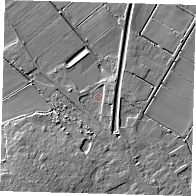 Shaded relief map of the ground around PE262AG, computed from Environment Agency LiDAR. The ground here sits at about 1 m above sea level and falls 11 m across the surrounding 800 m. Surface water reaching this point runs off ground lying to the east-north-east, 3.2 m higher.