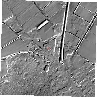 Shaded relief map of the ground around PE262AJ, computed from Environment Agency LiDAR. The ground here sits at about 1 m above sea level and falls 12 m across the surrounding 800 m. Surface water reaching this point runs off ground lying to the south-east, 2.5 m higher.