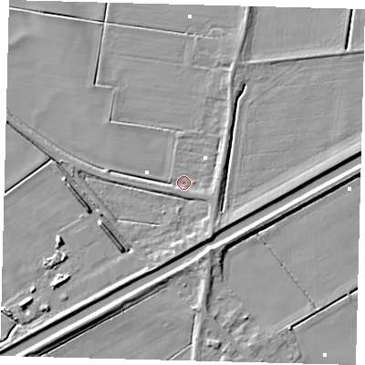 Shaded relief map of the ground around PE262AP, computed from Environment Agency LiDAR. The ground here sits at about -0 m above sea level and falls 6 m across the surrounding 800 m. Surface water reaching this point runs off ground lying to the east, 2.6 m higher.