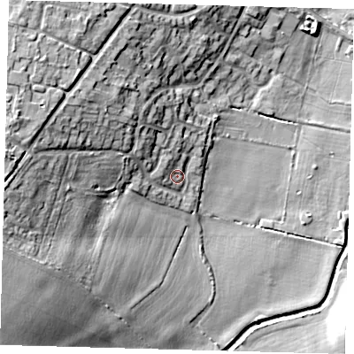 Shaded relief map of the ground around PE262LE, computed from Environment Agency LiDAR. The ground here sits at about 8 m above sea level and falls 20 m across the surrounding 800 m. Surface water reaching this point runs off ground lying to the north-west, 6.5 m higher.