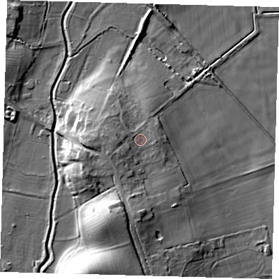 Shaded relief map of the ground around PE262NS, computed from Environment Agency LiDAR. The ground here sits at about 10 m above sea level and falls 17 m across the surrounding 800 m. Surface water reaching this point runs off ground lying to the west-south-west, 4.1 m higher.