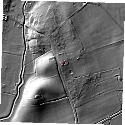 Shaded relief map of the ground around PE262NU, computed from Environment Agency LiDAR. The ground here sits at about 15 m above sea level and falls 17 m across the surrounding 800 m. Surface water reaching this point runs off ground lying to the south, 1.8 m higher.