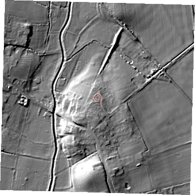 Shaded relief map of the ground around PE262NY, computed from Environment Agency LiDAR. The ground here sits at about 10 m above sea level and falls 16 m across the surrounding 800 m. Surface water reaching this point runs off ground lying to the south-south-west, 4.9 m higher.