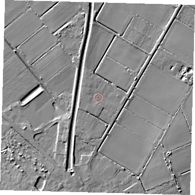 Shaded relief map of the ground around PE262RB, computed from Environment Agency LiDAR. The ground here sits at about 2 m above sea level and falls 7 m across the surrounding 800 m. Surface water reaching this point runs off ground lying to the north-west, 1.1 m higher.