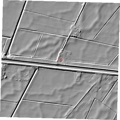 Shaded relief map of the ground around PE262RF, computed from Environment Agency LiDAR. The ground here sits at about 0 m above sea level and falls 5 m across the surrounding 800 m. Surface water reaching this point runs off ground lying to the south-west, 1.8 m higher.