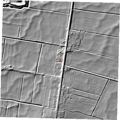 Shaded relief map of the ground around PE262RH, computed from Environment Agency LiDAR. The ground here sits at about -1 m above sea level and falls 5 m across the surrounding 800 m. Surface water reaching this point runs off ground lying to the south-east, 2.5 m higher.