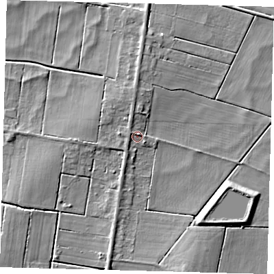 Shaded relief map of the ground around PE262RJ, computed from Environment Agency LiDAR. The ground here sits at about -0 m above sea level and falls 6 m across the surrounding 800 m. Surface water reaching this point runs off ground lying to the west-north-west, 1.4 m higher.