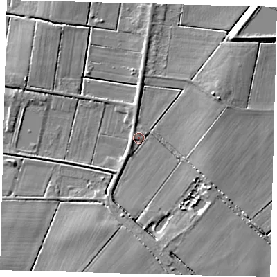 Shaded relief map of the ground around PE262RL, computed from Environment Agency LiDAR. The ground here sits at about 0 m above sea level and falls 8 m across the surrounding 800 m. Surface water reaching this point runs off ground lying to the east-north-east, 5.6 m higher.