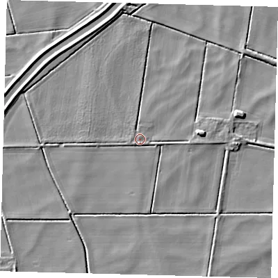 Shaded relief map of the ground around PE262RN, computed from Environment Agency LiDAR. The ground here sits at about -0 m above sea level and falls 5 m across the surrounding 800 m. Surface water reaching this point runs off ground lying to the south, 1.2 m higher.