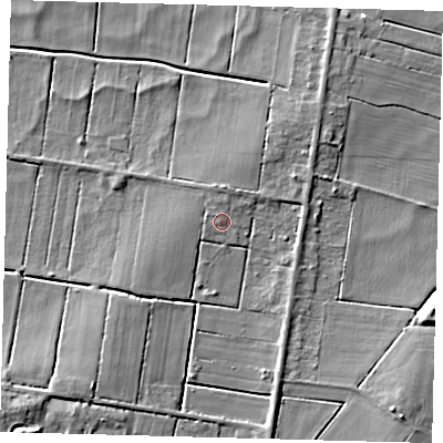 Shaded relief map of the ground around PE262RP, computed from Environment Agency LiDAR. The ground here sits at about 0 m above sea level and falls 8 m across the surrounding 800 m. Surface water reaching this point runs off ground lying to the north-north-east, 1.2 m higher.