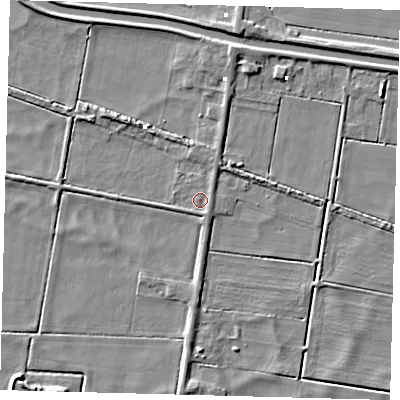 Shaded relief map of the ground around PE262RQ, computed from Environment Agency LiDAR. The ground here sits at about -1 m above sea level and falls 6 m across the surrounding 800 m. Surface water reaching this point runs off ground lying to the north-east, 1.6 m higher.