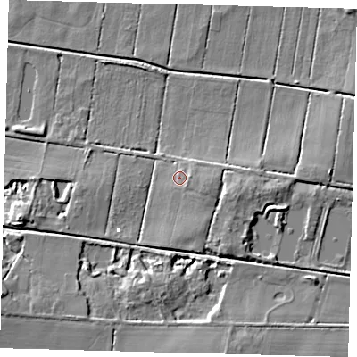 Shaded relief map of the ground around PE262RR, computed from Environment Agency LiDAR. The ground here sits at about 1 m above sea level and falls 8 m across the surrounding 800 m. Surface water reaching this point runs off ground lying to the south-east, 2.0 m higher.