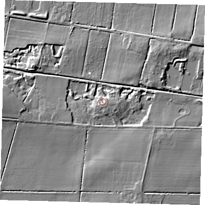 Shaded relief map of the ground around PE262RS, computed from Environment Agency LiDAR. The ground here sits at about 3 m above sea level and falls 10 m across the surrounding 800 m. Surface water reaching this point runs off ground lying to the south-south-east, 2.5 m higher.