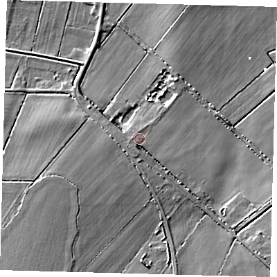 Shaded relief map of the ground around PE262RY, computed from Environment Agency LiDAR. The ground here sits at about 3 m above sea level and falls 8 m across the surrounding 800 m. Surface water reaching this point runs off ground lying to the south, 3.3 m higher.