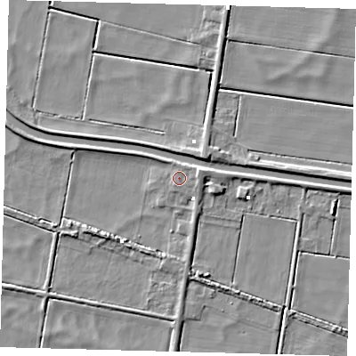 Shaded relief map of the ground around PE262RZ, computed from Environment Agency LiDAR. The ground here sits at about 0 m above sea level and falls 5 m across the surrounding 800 m. Surface water reaching this point runs off ground lying to the east-north-east, 1.9 m higher.