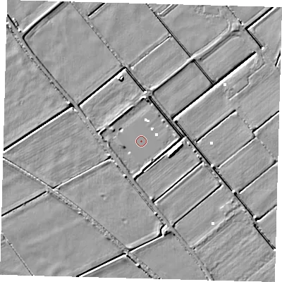 Shaded relief map of the ground around PE262SE, computed from Environment Agency LiDAR. The ground here sits at about 0 m above sea level and falls 5 m across the surrounding 800 m. Surface water reaching this point runs off ground lying to the east-south-east, 5.1 m higher.