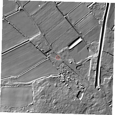 Shaded relief map of the ground around PE262SJ, computed from Environment Agency LiDAR. The ground here sits at about 1 m above sea level and falls 11 m across the surrounding 800 m. Surface water reaching this point runs off ground lying to the west-north-west, 2.7 m higher.