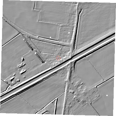 Shaded relief map of the ground around PE262SQ, computed from Environment Agency LiDAR. The ground here sits at about 0 m above sea level and falls 5 m across the surrounding 800 m. Surface water reaching this point runs off ground lying to the south-east, 2.2 m higher.