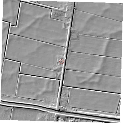 Shaded relief map of the ground around PE262SR, computed from Environment Agency LiDAR. The ground here sits at about -1 m above sea level and falls 5 m across the surrounding 800 m. Surface water reaching this point runs off ground lying to the south-south-east, 1.8 m higher.