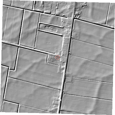 Shaded relief map of the ground around PE262SS, computed from Environment Agency LiDAR. The ground here sits at about -1 m above sea level and falls 4 m across the surrounding 800 m. Surface water reaching this point runs off ground lying to the east-south-east, 1.3 m higher.