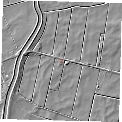 Shaded relief map of the ground around PE262ST, computed from Environment Agency LiDAR. The ground here sits at about 0 m above sea level and falls 5 m across the surrounding 800 m. Surface water reaching this point runs off ground lying to the east-south-east, 3.4 m higher.