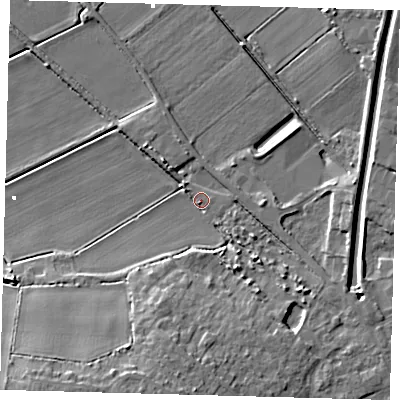 Shaded relief map of the ground around PE262SW, computed from Environment Agency LiDAR. The ground here sits at about 1 m above sea level and falls 12 m across the surrounding 800 m. Surface water reaching this point runs off ground lying to the south-south-west, 9.5 m higher.