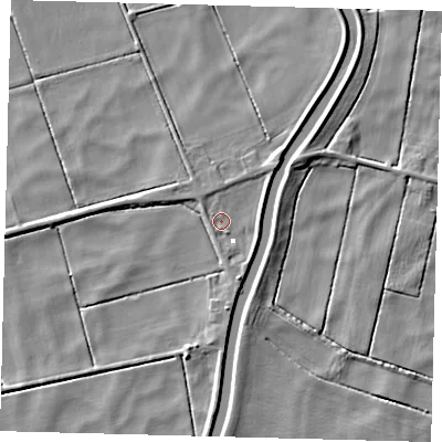 Shaded relief map of the ground around PE262SX, computed from Environment Agency LiDAR. The ground here sits at about -0 m above sea level and falls 5 m across the surrounding 800 m. Surface water reaching this point runs off ground lying to the south-south-east, 2.3 m higher.
