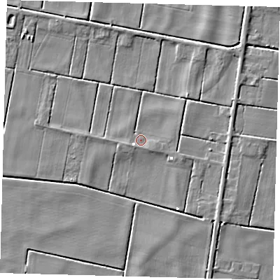 Shaded relief map of the ground around PE262TA, computed from Environment Agency LiDAR. The ground here sits at about -0 m above sea level and falls 4 m across the surrounding 800 m. Surface water reaching this point runs off ground lying to the south-east, 1.5 m higher.