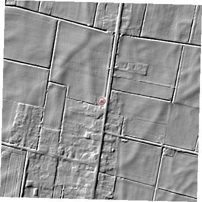 Shaded relief map of the ground around PE262TB, computed from Environment Agency LiDAR. The ground here sits at about -0 m above sea level and falls 4 m across the surrounding 800 m. Surface water reaching this point runs off ground lying to the north-north-east, 2.7 m higher.