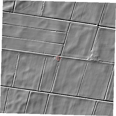 Shaded relief map of the ground around PE262TE, computed from Environment Agency LiDAR. The ground here sits at about -0 m above sea level and falls 3 m across the surrounding 800 m. Surface water reaching this point runs off ground lying to the east, 1.9 m higher.