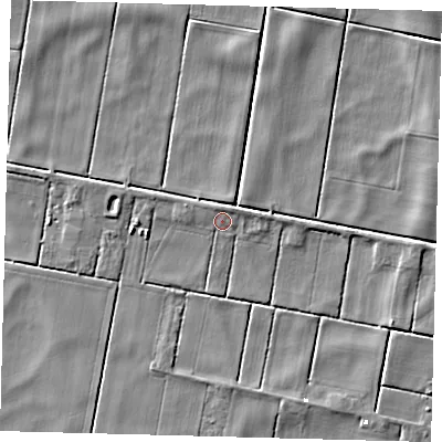Shaded relief map of the ground around PE262TF, computed from Environment Agency LiDAR. The ground here sits at about -1 m above sea level and falls 4 m across the surrounding 800 m. Surface water reaching this point runs off ground lying to the north, 1.4 m higher.