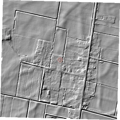 Shaded relief map of the ground around PE262TH, computed from Environment Agency LiDAR. The ground here sits at about -1 m above sea level and falls 4 m across the surrounding 800 m. Surface water reaching this point runs off ground lying to the south-west, 1.5 m higher.