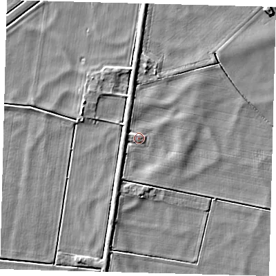 Shaded relief map of the ground around PE262TL, computed from Environment Agency LiDAR. The ground here sits at about -0 m above sea level and falls 4 m across the surrounding 800 m. Surface water reaching this point runs off ground lying to the south-south-west, 2.2 m higher.
