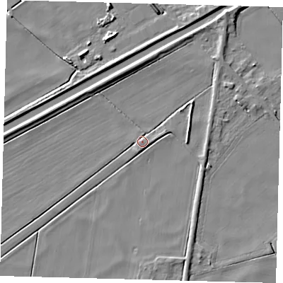 Shaded relief map of the ground around PE262TN, computed from Environment Agency LiDAR. The ground here sits at about 0 m above sea level and falls 6 m across the surrounding 800 m. Surface water reaching this point runs off ground lying to the east-north-east, 4.1 m higher.