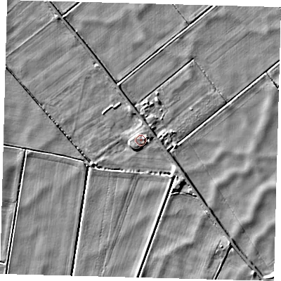 Shaded relief map of the ground around PE262TS, computed from Environment Agency LiDAR. The ground here sits at about 1 m above sea level and falls 4 m across the surrounding 800 m. Surface water reaching this point runs off ground lying to the south-east, 1.9 m higher.