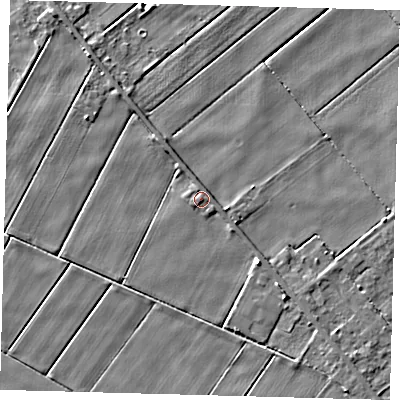 Shaded relief map of the ground around PE262TT, computed from Environment Agency LiDAR. The ground here sits at about 0 m above sea level and falls 4 m across the surrounding 800 m. Surface water reaching this point runs off ground lying to the north-east, 1.6 m higher.