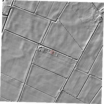 Shaded relief map of the ground around PE262TU, computed from Environment Agency LiDAR. The ground here sits at about -0 m above sea level and falls 5 m across the surrounding 800 m. Surface water reaching this point runs off ground lying to the south-east, 1.1 m higher.