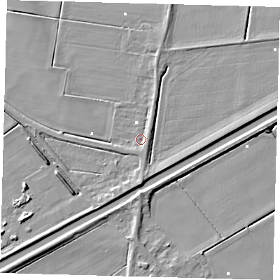 Shaded relief map of the ground around PE262TW, computed from Environment Agency LiDAR. The ground here sits at about 0 m above sea level and falls 6 m across the surrounding 800 m. Surface water reaching this point runs off ground lying to the east, 2.6 m higher.